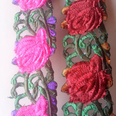 Fabric Cut Work Trim With Fuchsia Pink, Purple And Green Floral Embroidery, 72mm wide - 200317L267